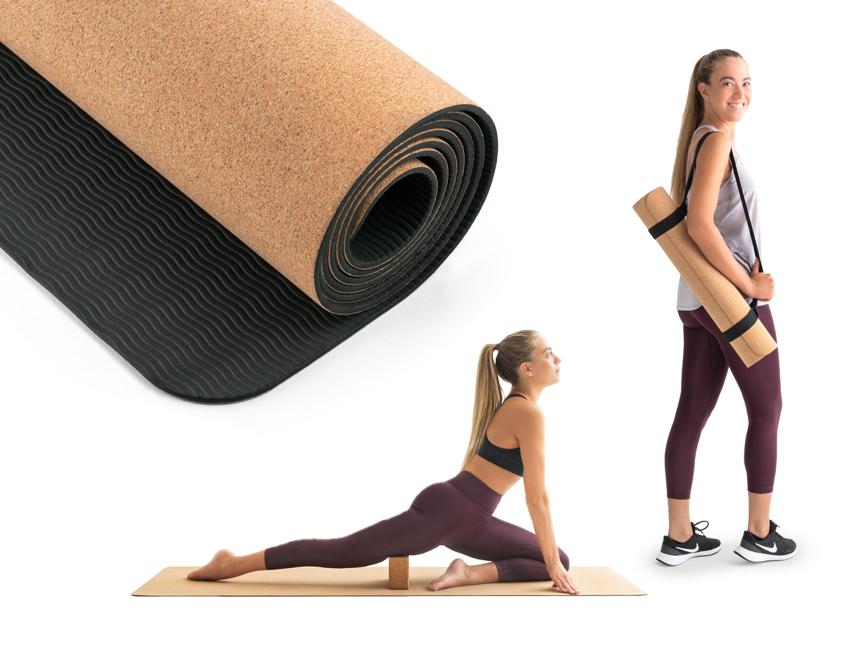 Tapete de exercício para yoga em cortiça e TPE com espessura até 3,7 mm. Inclui alça que pode ser usada para transporte ou para utilizar no exercício físico. Invólucro papel ilustrativo de exercícios que pode realizar com o tapete. Fechado: Ø100 x 610 mm | Aberto: 1830 x 610 x 3,7 mm
