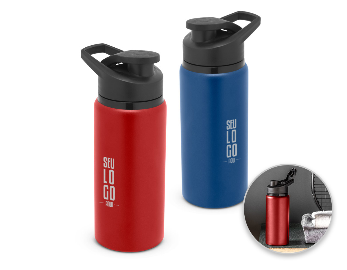 Squeeze esportivo em alumínio com parede simples e acabamento em mate. Tampa com sistema de abertura flip top. Capacidade até 660 mL