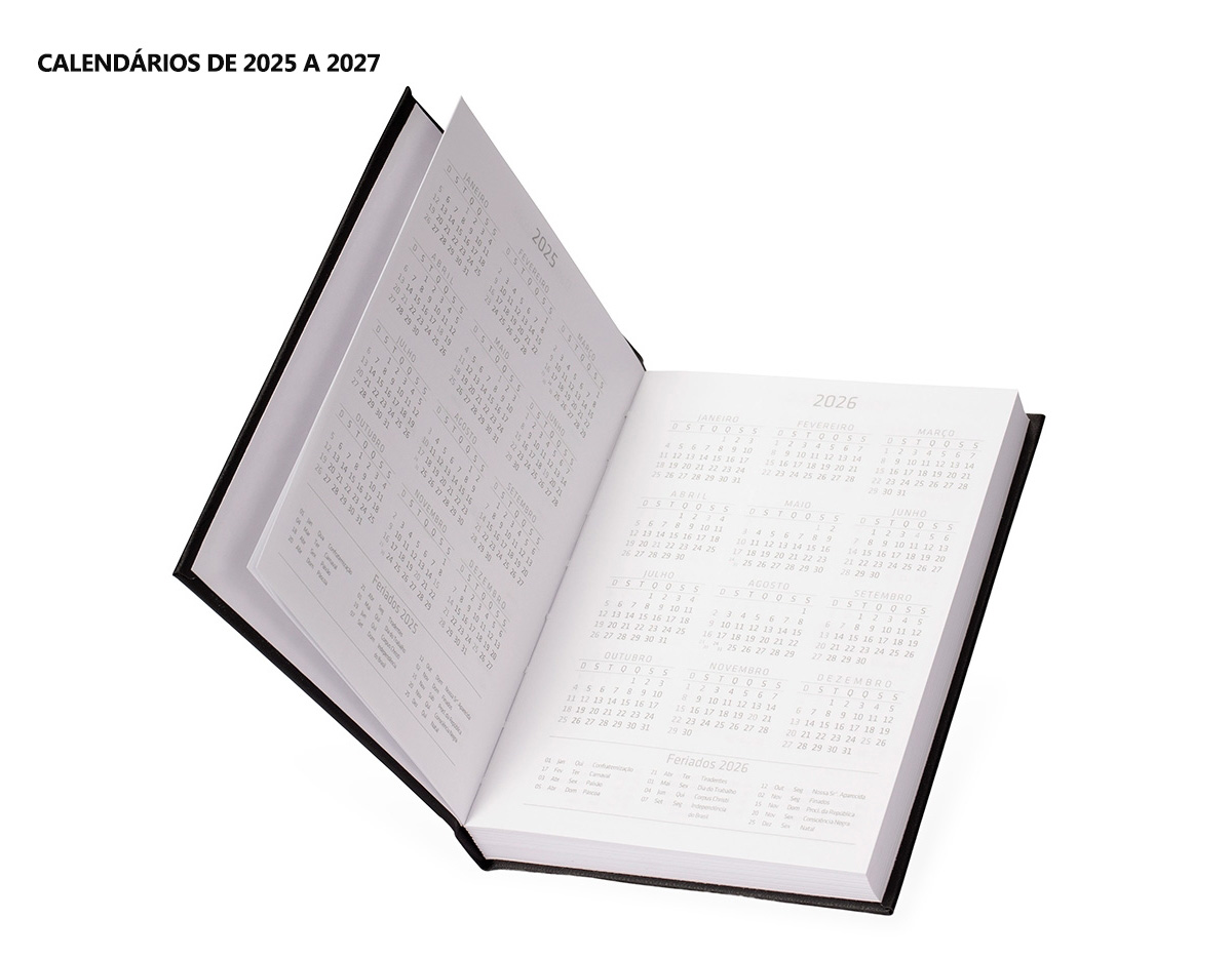 Agenda 2026 com capa dura em cromato. Ela conta com páginas dedicadas para dados pessoais, calendários de 2025 a 2027, orçamentos pessoais, planejamento mensal, espaço para anotações diárias e lista de contatos e aniversários.