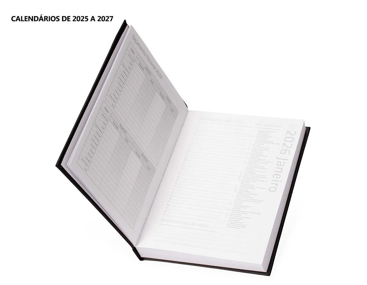 Agenda 2026 com capa dura em cromato. Ela conta com páginas dedicadas para dados pessoais, calendários de 2025 a 2027, orçamentos pessoais, planejamento mensal, espaço para anotações diárias e lista de contatos e aniversários.