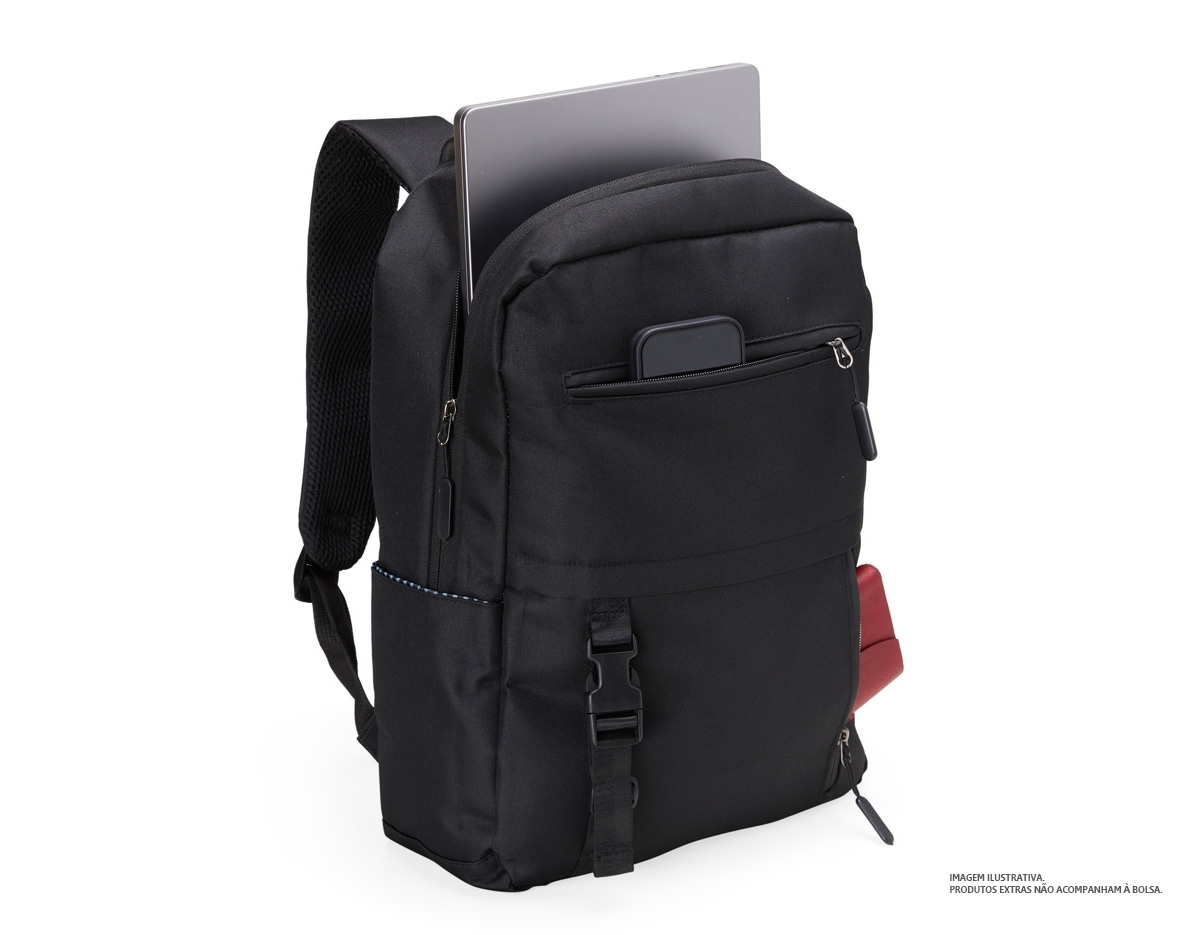 Mochila de nylon 23 Litros com 3 compartimentos, sendo o principal com bolso para notebook 15,6. Com divisórias internas para acessórios, a mochila possui bolso lateral, suporte externo USB e alça para encaixe em malas e viagens.41x30x19