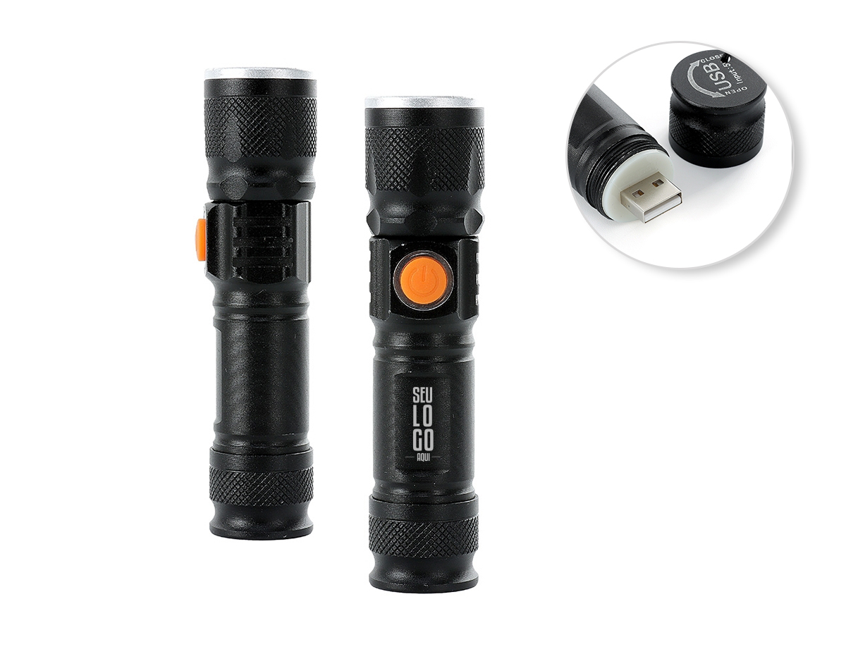 Lanterna led recarregável com zoom de regulagem e três estágios de iluminação, material metálico. Acompanha cordão de nylon e cabo USB-V8.