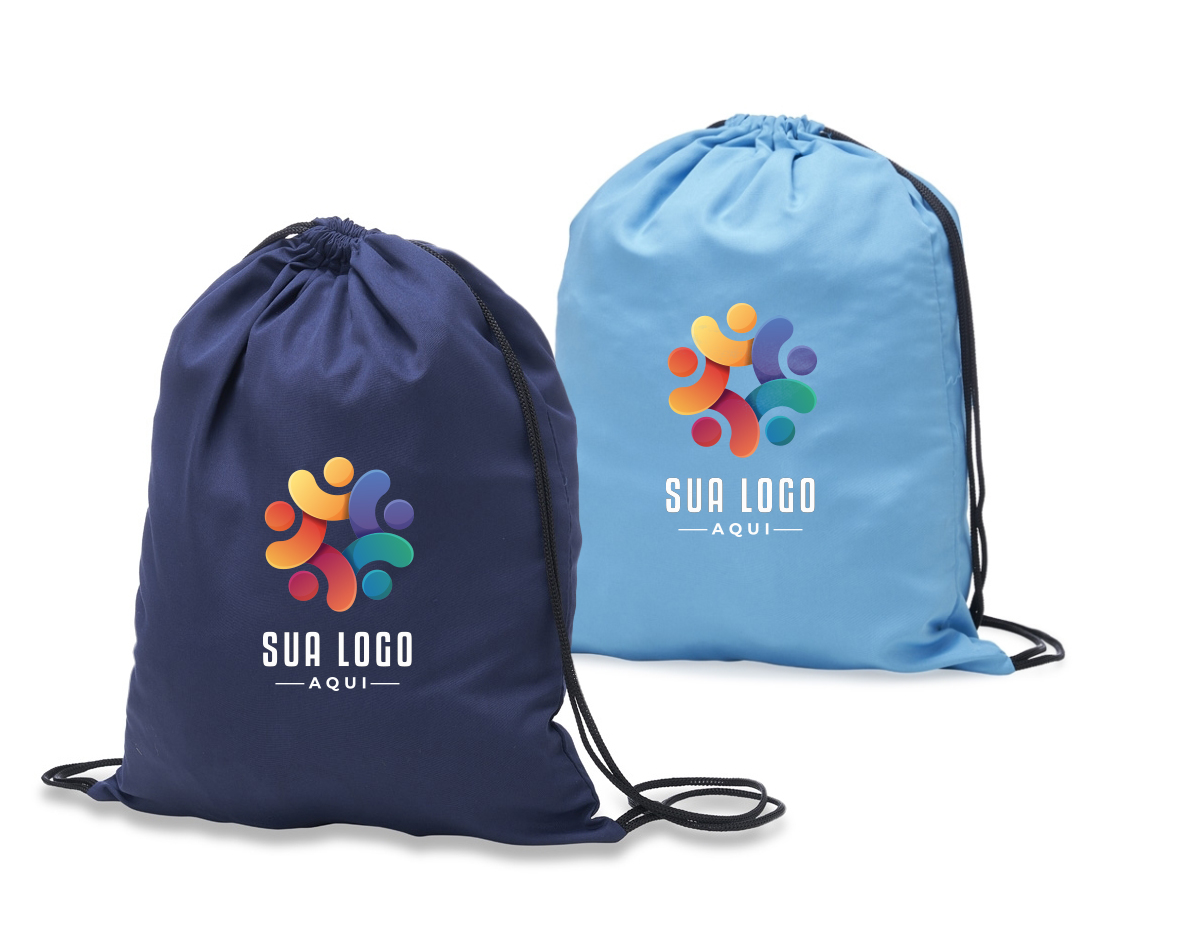 Mochila saco sublimática em microfibra de poliéster.