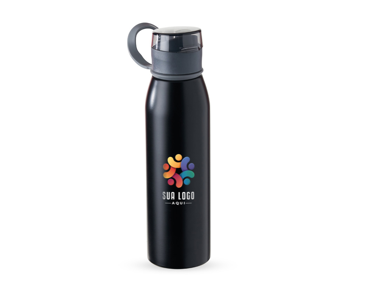 Garrafa 650ml em inox. Tampa plástica rosqueável com proteção para o bocal e alça emborrachada para transporte