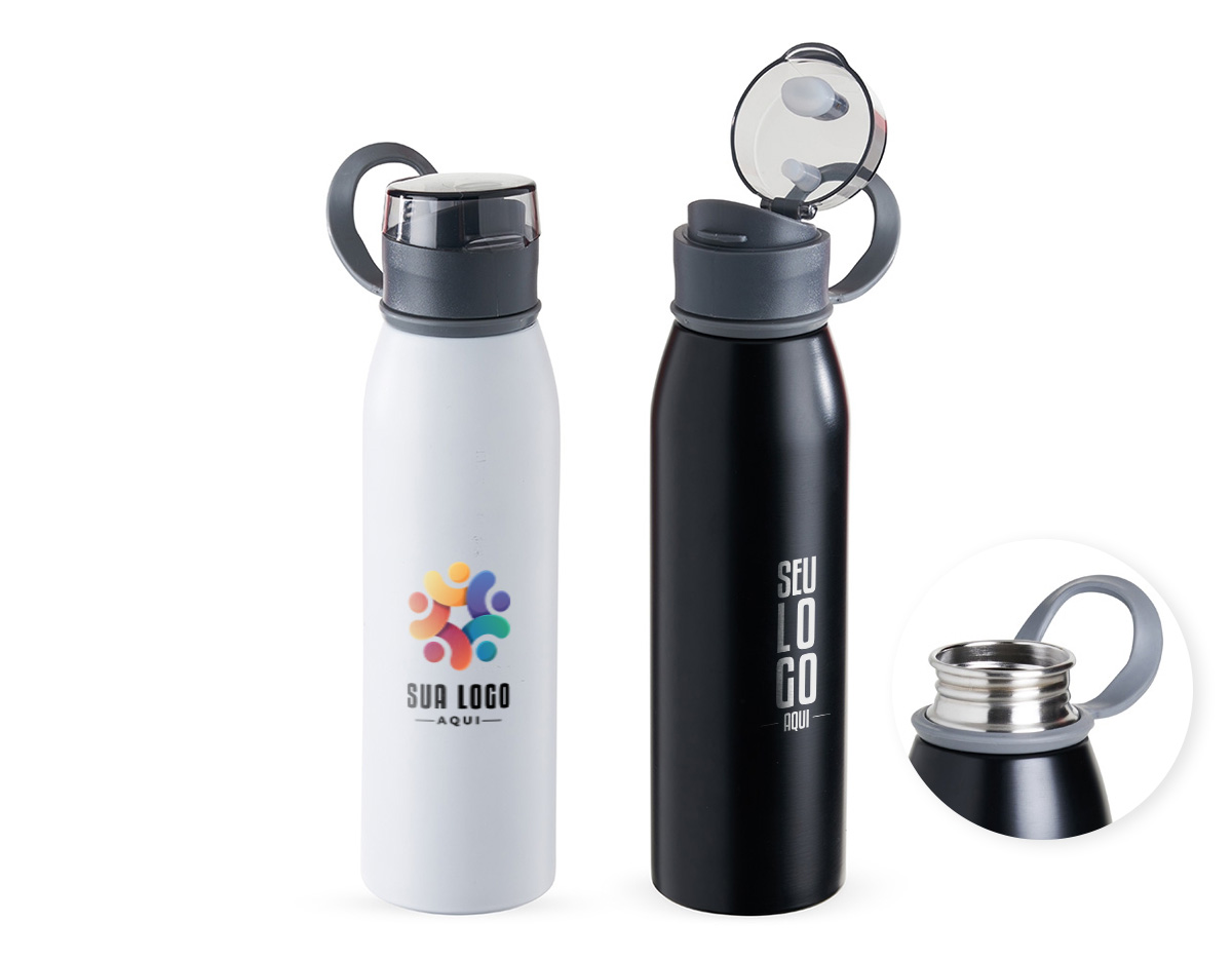 Garrafa 650ml em inox. Tampa plástica rosqueável com proteção para o bocal e alça emborrachada para transporte
