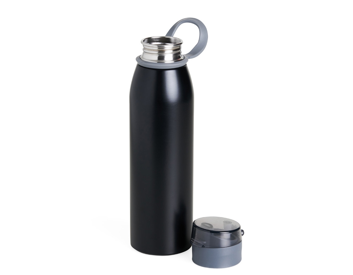 Garrafa 650ml em inox. Tampa plástica rosqueável com proteção para o bocal e alça emborrachada para transporte