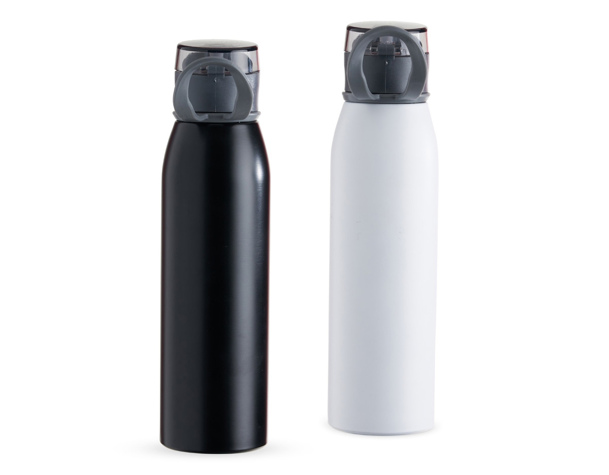 Garrafa 650ml em inox. Tampa plástica rosqueável com proteção para o bocal e alça emborrachada para transporte