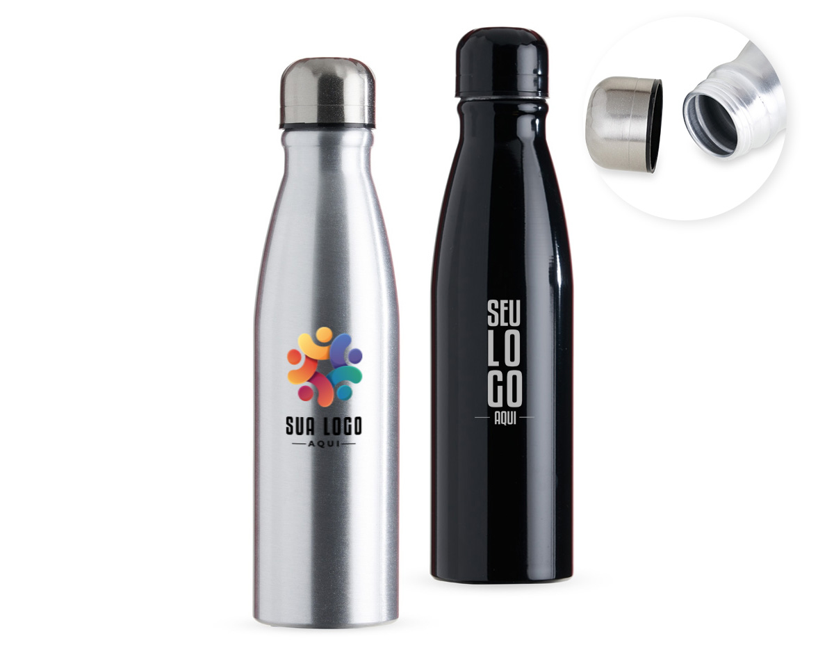 Garrafa 630ml de alumínio com tampa rosqueável e pintura metalizada