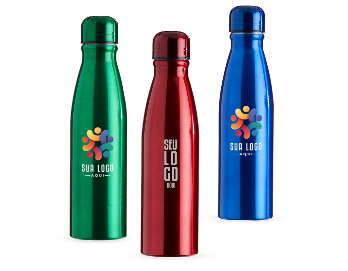 Garrafa 630ml de alumínio com tampa rosqueável e pintura metalizada
