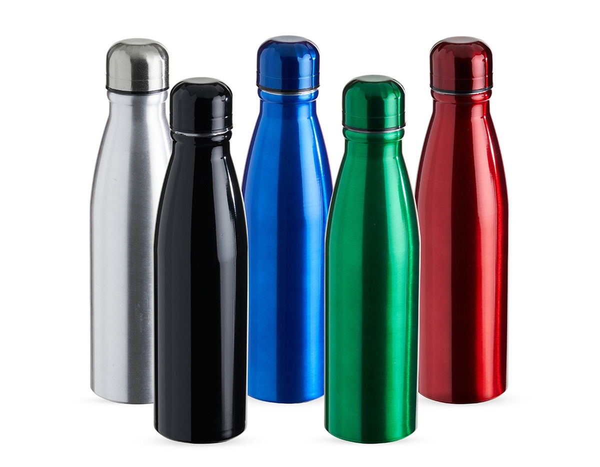 Garrafa 630ml de alumínio com tampa rosqueável e pintura metalizada