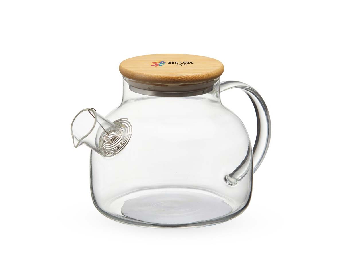Chaleira de vidro 800ml com tampa de bambu e vedação em silicone. Acompanha filtro de alumínio.