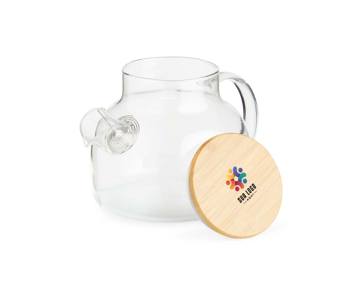 Chaleira de vidro 800ml com tampa de bambu e vedação em silicone. Acompanha filtro de alumínio.