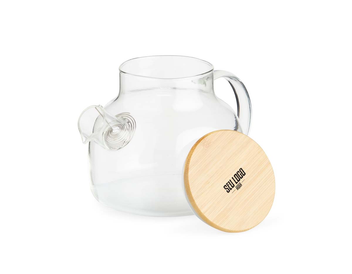Chaleira de vidro 800ml com tampa de bambu e vedação em silicone. Acompanha filtro de alumínio.