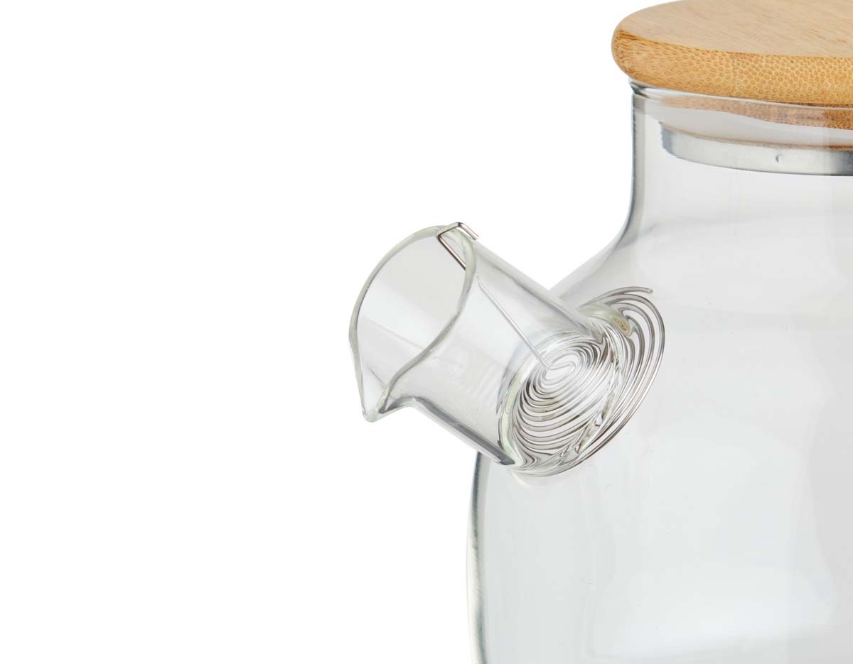 Chaleira de vidro 800ml com tampa de bambu e vedação em silicone. Acompanha filtro de alumínio.