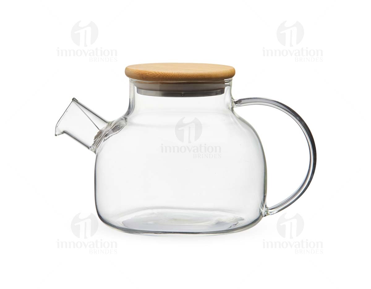 Chaleira de vidro 800ml com tampa de bambu e vedação em silicone. Acompanha filtro de alumínio.