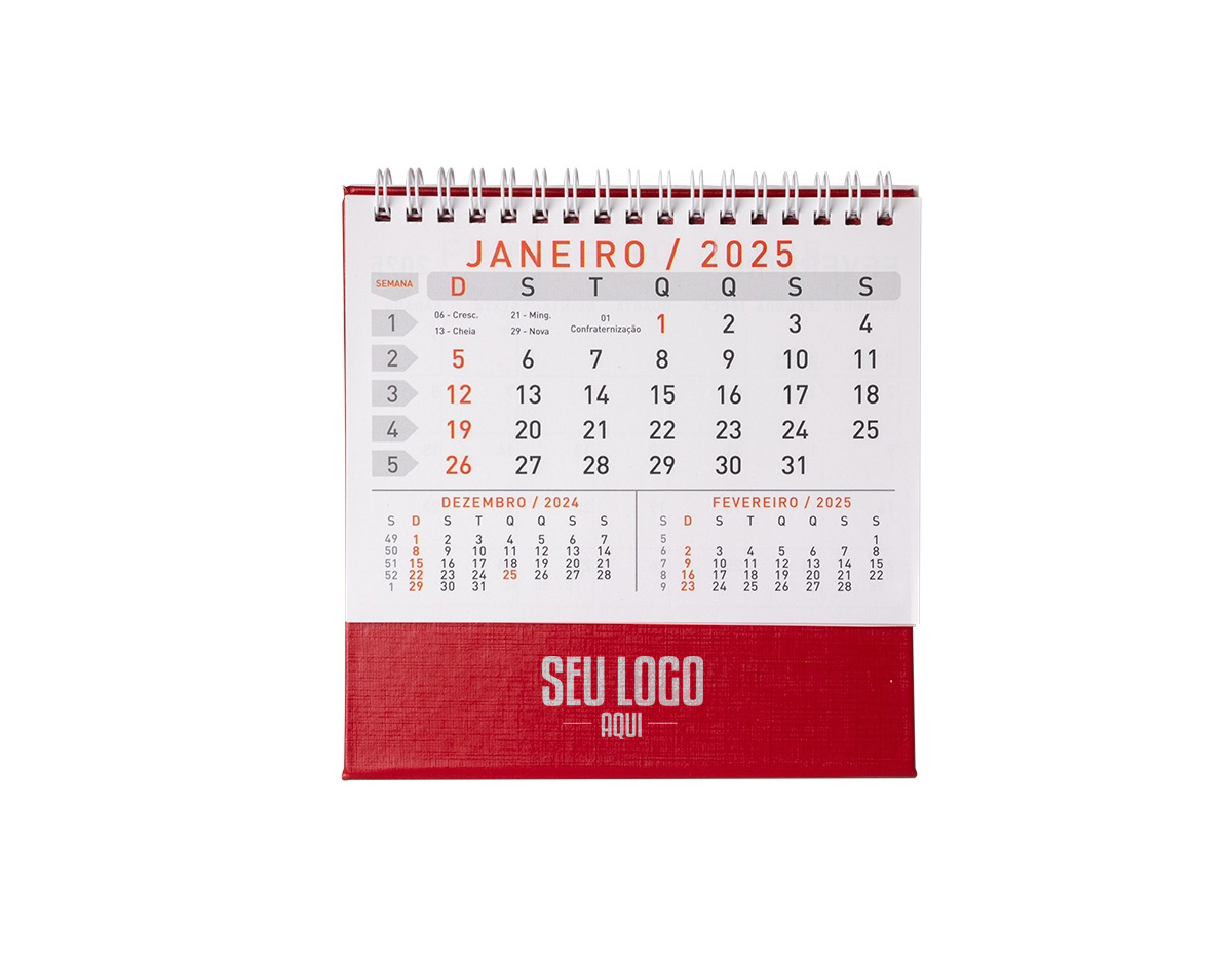 Calendário de mesa 2026 confeccionado em papel couché 115g, com base rígida em percalux que garante maior durabilidade e estabilidade. Ideal para organização diária no ambiente de trabalho ou estudo, oferecendo visual prático e elegante.