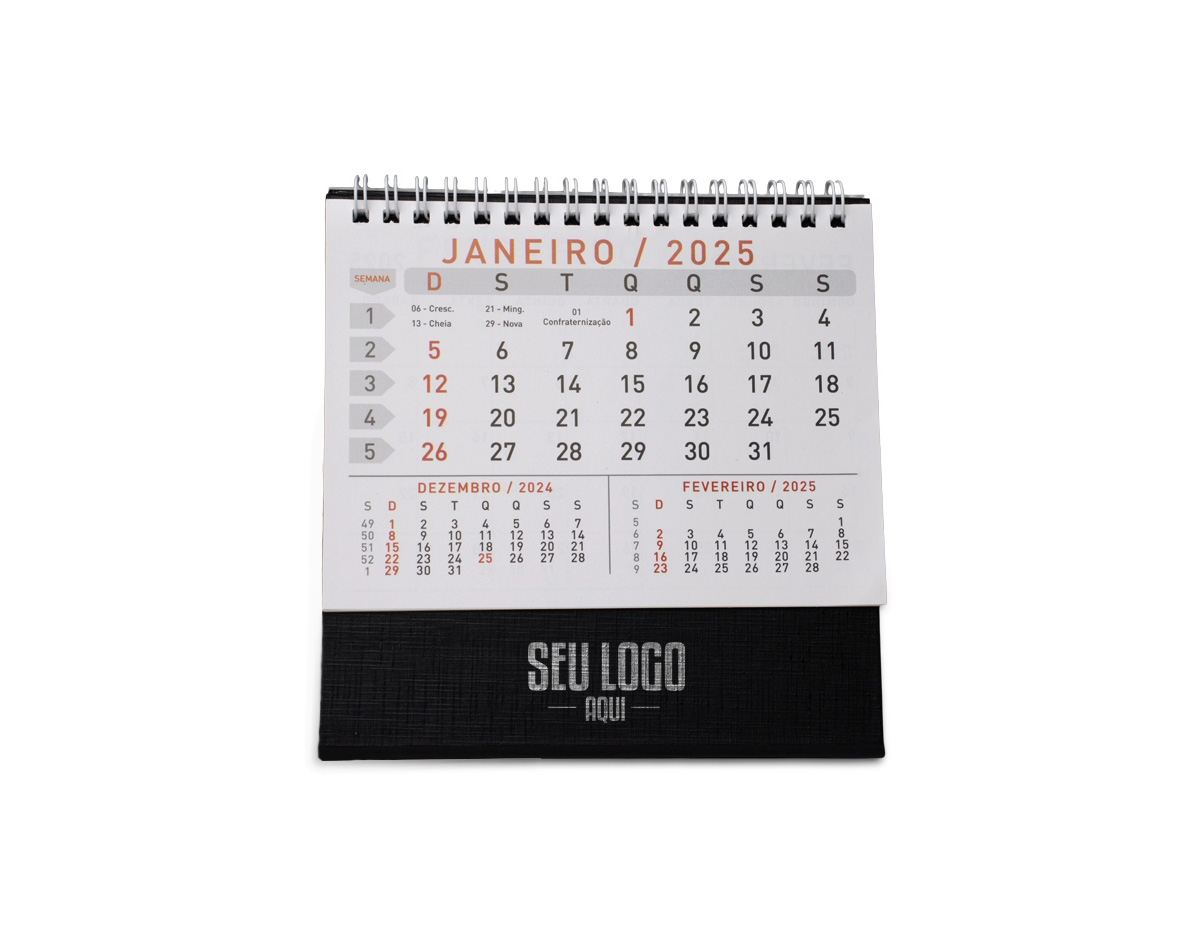 Calendário de mesa 2026 confeccionado em papel couché 115g, com base rígida em percalux que garante maior durabilidade e estabilidade. Ideal para organização diária no ambiente de trabalho ou estudo, oferecendo visual prático e elegante.