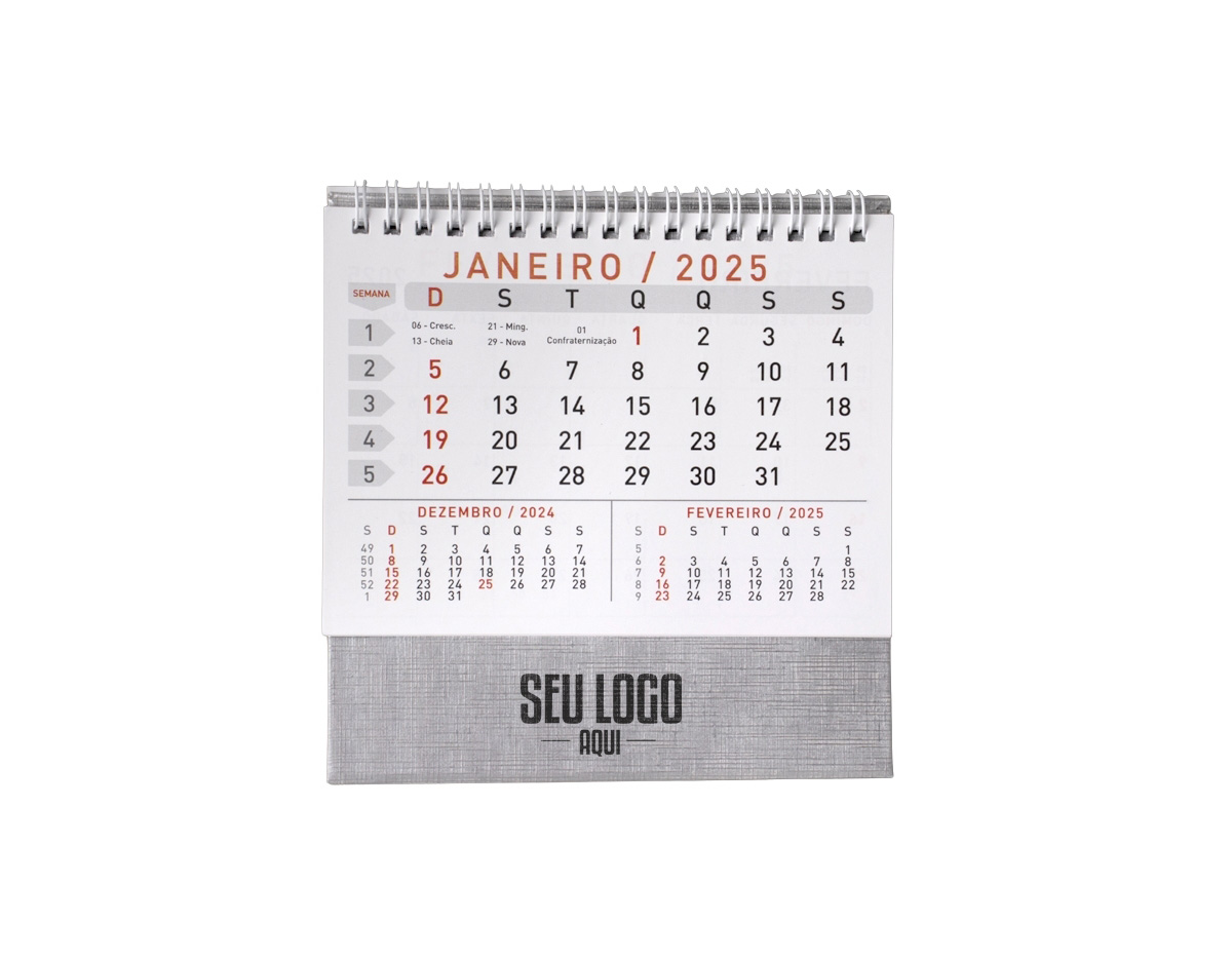 Calendário de mesa 2026 confeccionado em papel couché 115g, com base rígida em percalux que garante maior durabilidade e estabilidade. Ideal para organização diária no ambiente de trabalho ou estudo, oferecendo visual prático e elegante.
