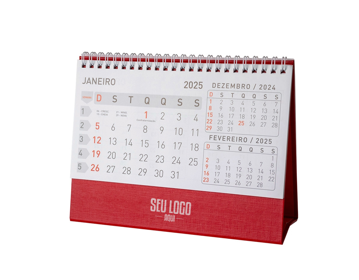 Calendário de mesa 2024 em papel couche 115g, base em percalux. medidas dele montado 15,4x7,1x21,1cm