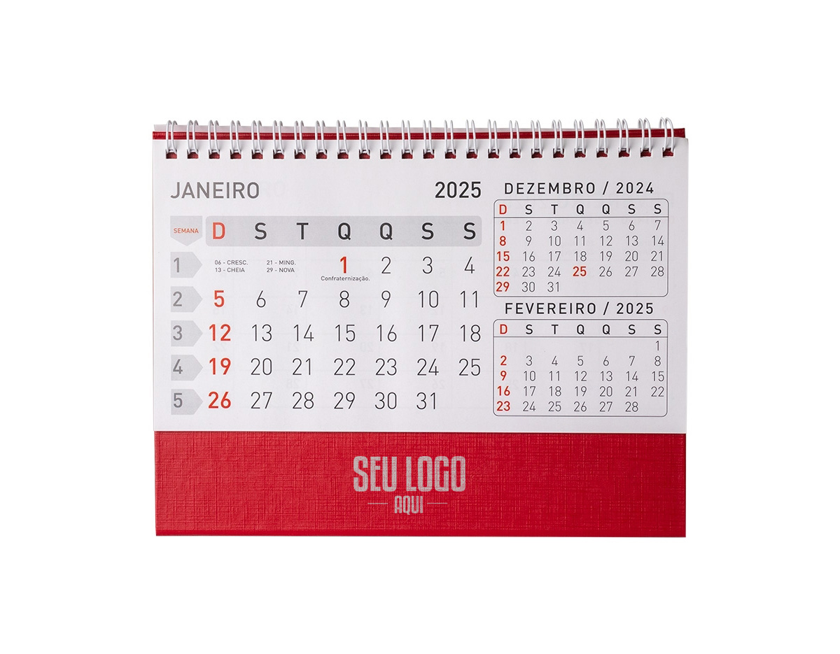 Calendário de mesa 2024 em papel couche 115g, base em percalux. medidas dele montado 15,4x7,1x21,1cm