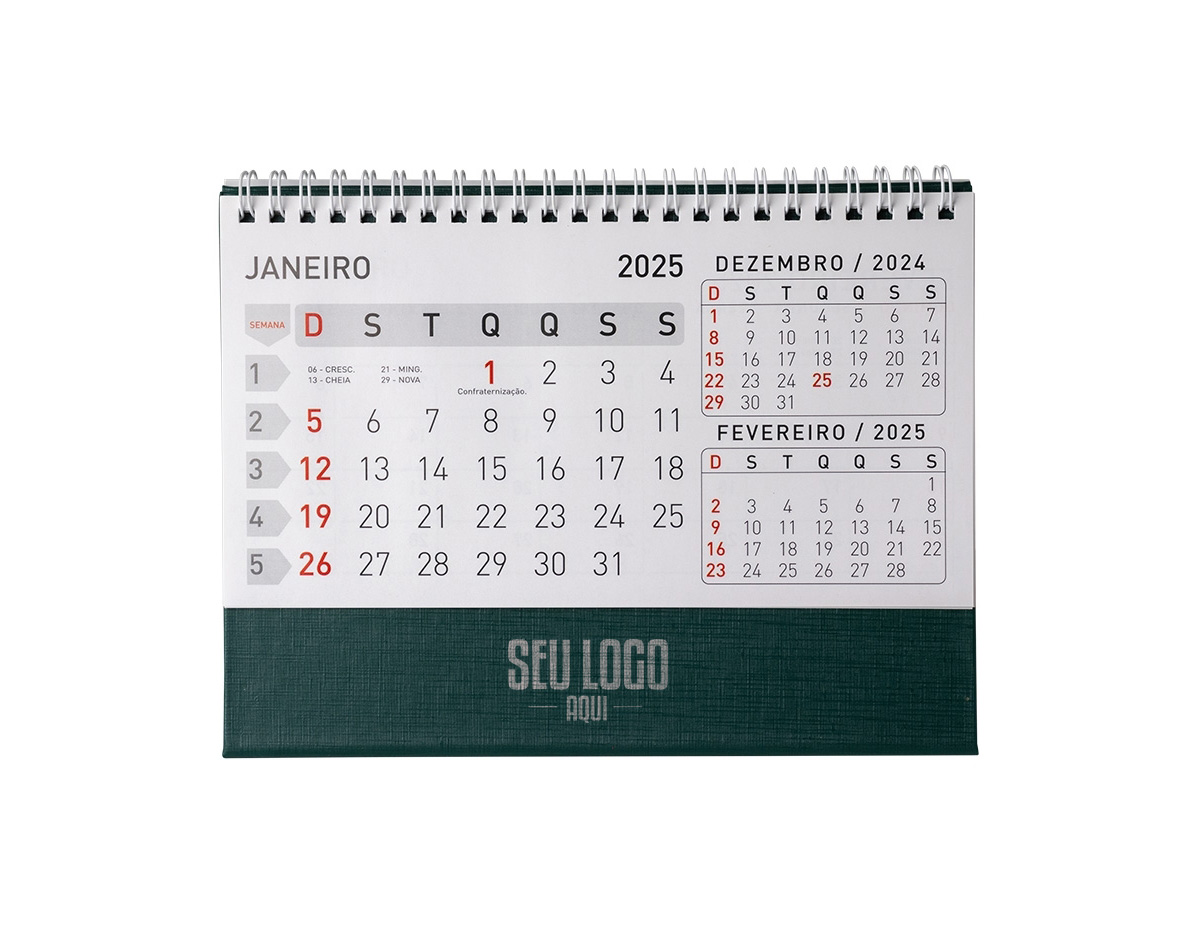 Calendário de mesa 2024 em papel couche 115g, base em percalux. medidas dele montado 15,4x7,1x21,1cm