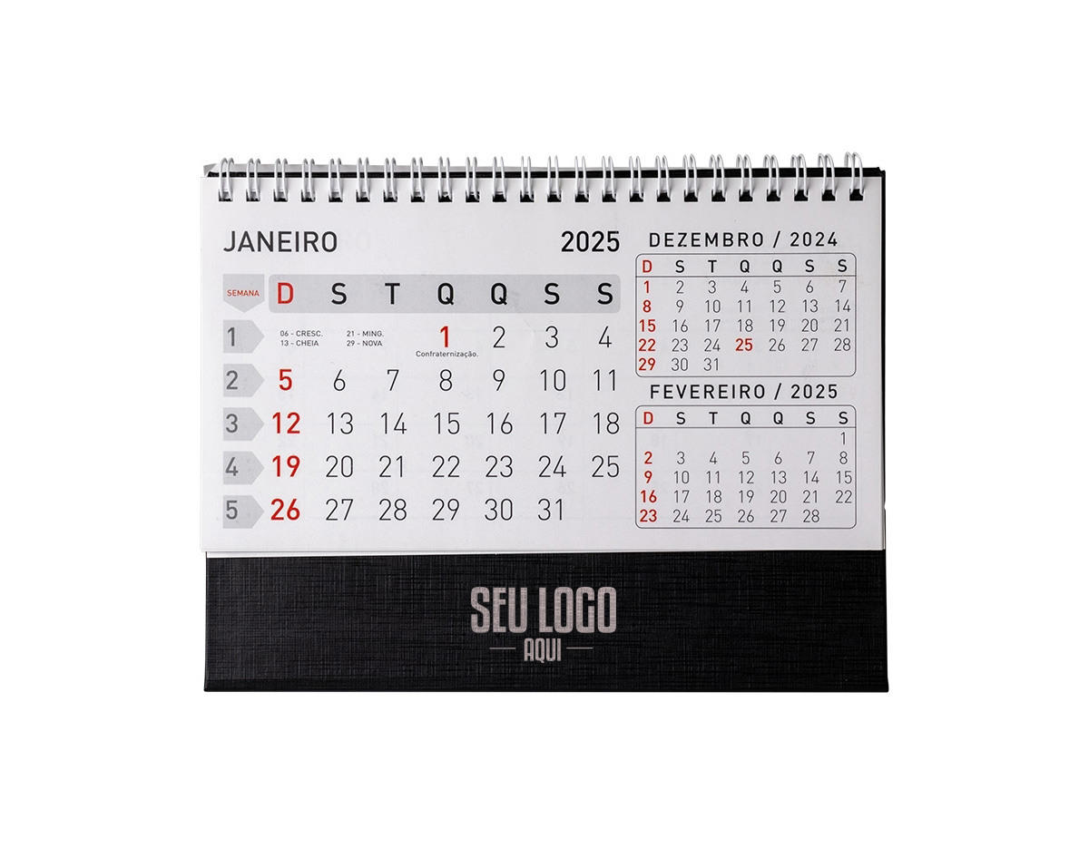 Calendário de mesa 2024 em papel couche 115g, base em percalux. medidas dele montado 15,4x7,1x21,1cm