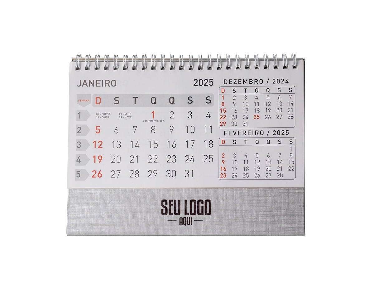 Calendário de mesa 2024 em papel couche 115g, base em percalux. medidas dele montado 15,4x7,1x21,1cm