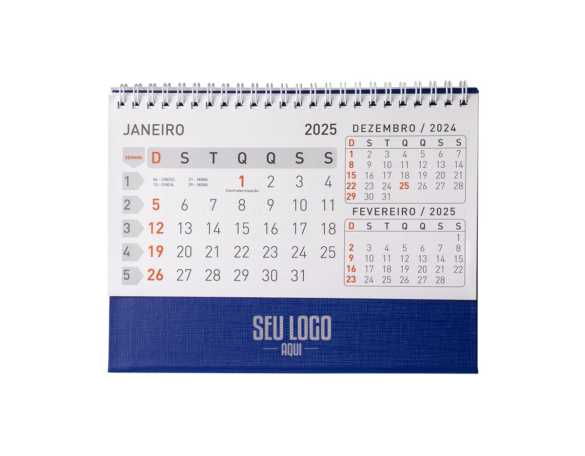Calendário de mesa 2024 em papel couche 115g, base em percalux. medidas dele montado 15,4x7,1x21,1cm