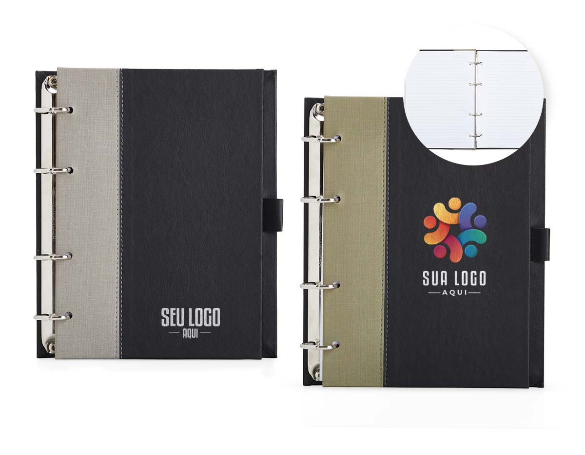 Caderno fichário em couro sintético. Possui suporte na lateral para caneta ( não acompanha) e aproximadamente 100 folhas.