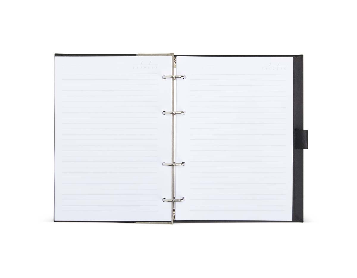 Caderno fichário em couro sintético. Possui suporte na lateral para caneta ( não acompanha) e aproximadamente 100 folhas.