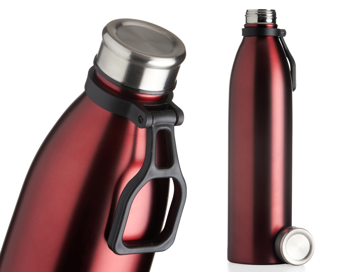 Garrafa de inox 1,1 litros com tampa rosqueável e alça plástica para transporte.