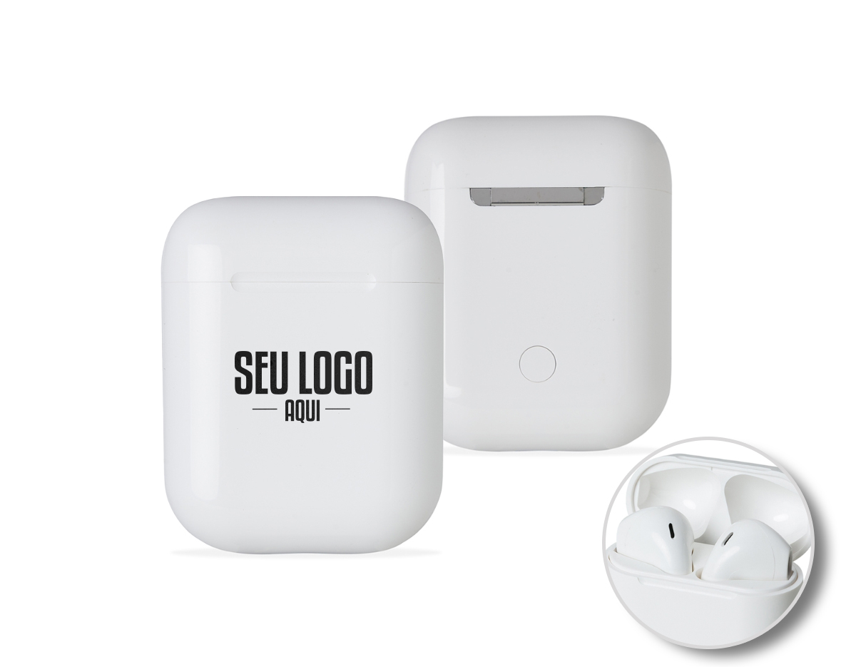 Fone de ouvido Bluetooth com comandos touch integrados e microfone para chamadas. Acompanha case carregador com fechamento magnético, permitindo recarga dos fones. Inclui cabo USB com conector Lightning para carregamento.