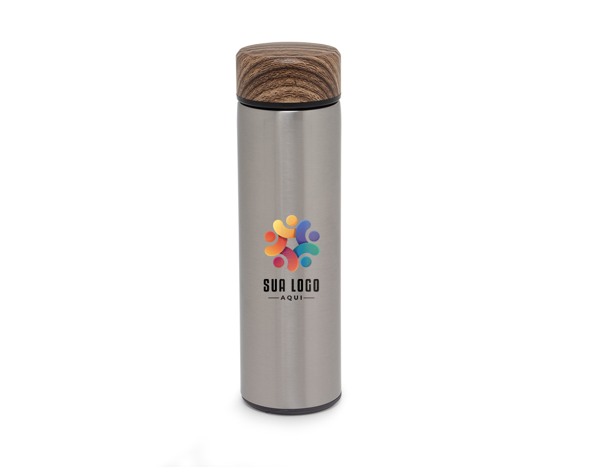 Garrafa térmica 500ml em inox com parede dupla, infusor e tampa rosqueável com detalhe em madeira.