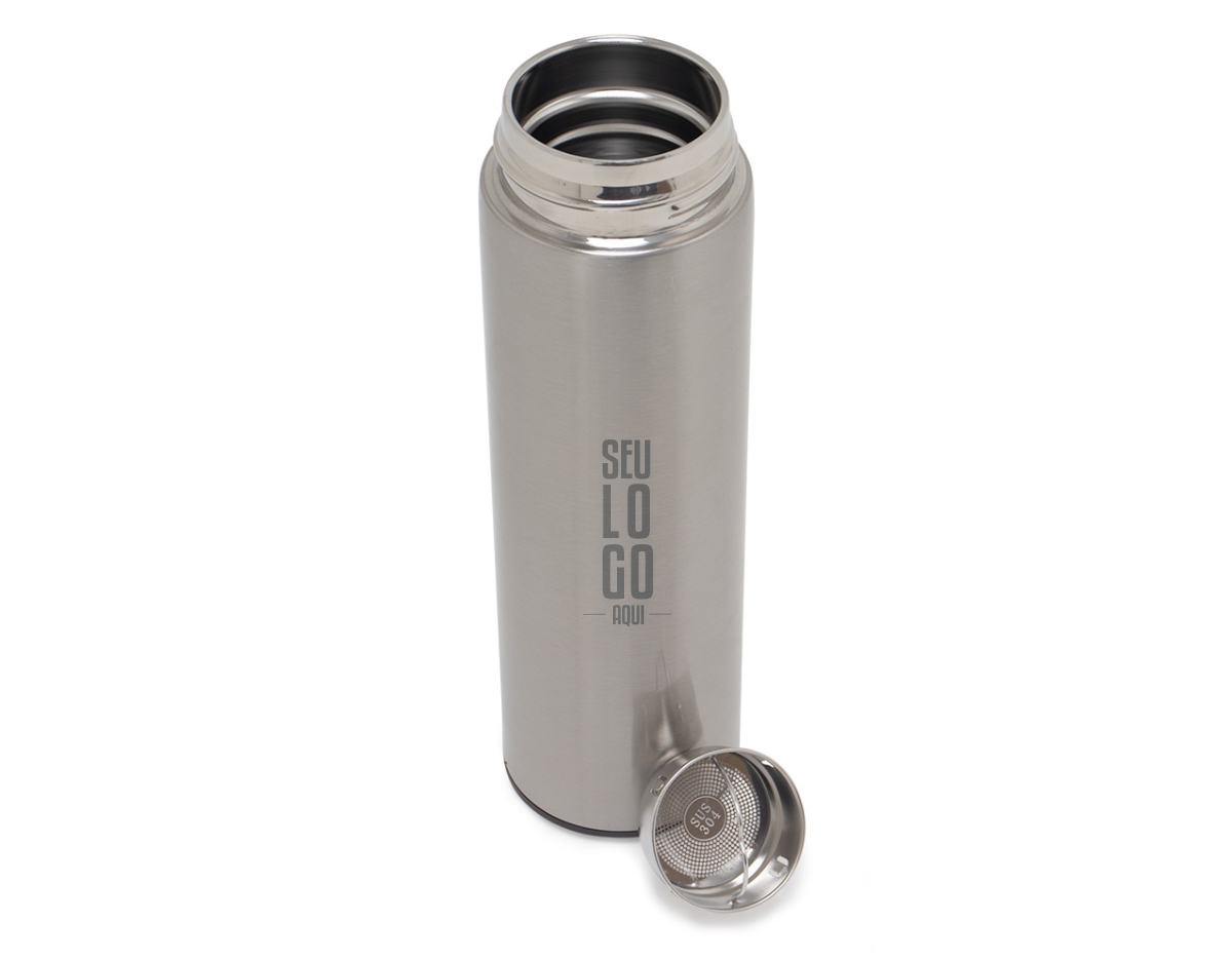 Garrafa térmica 500ml em inox com parede dupla, infusor e tampa rosqueável com detalhe em madeira.