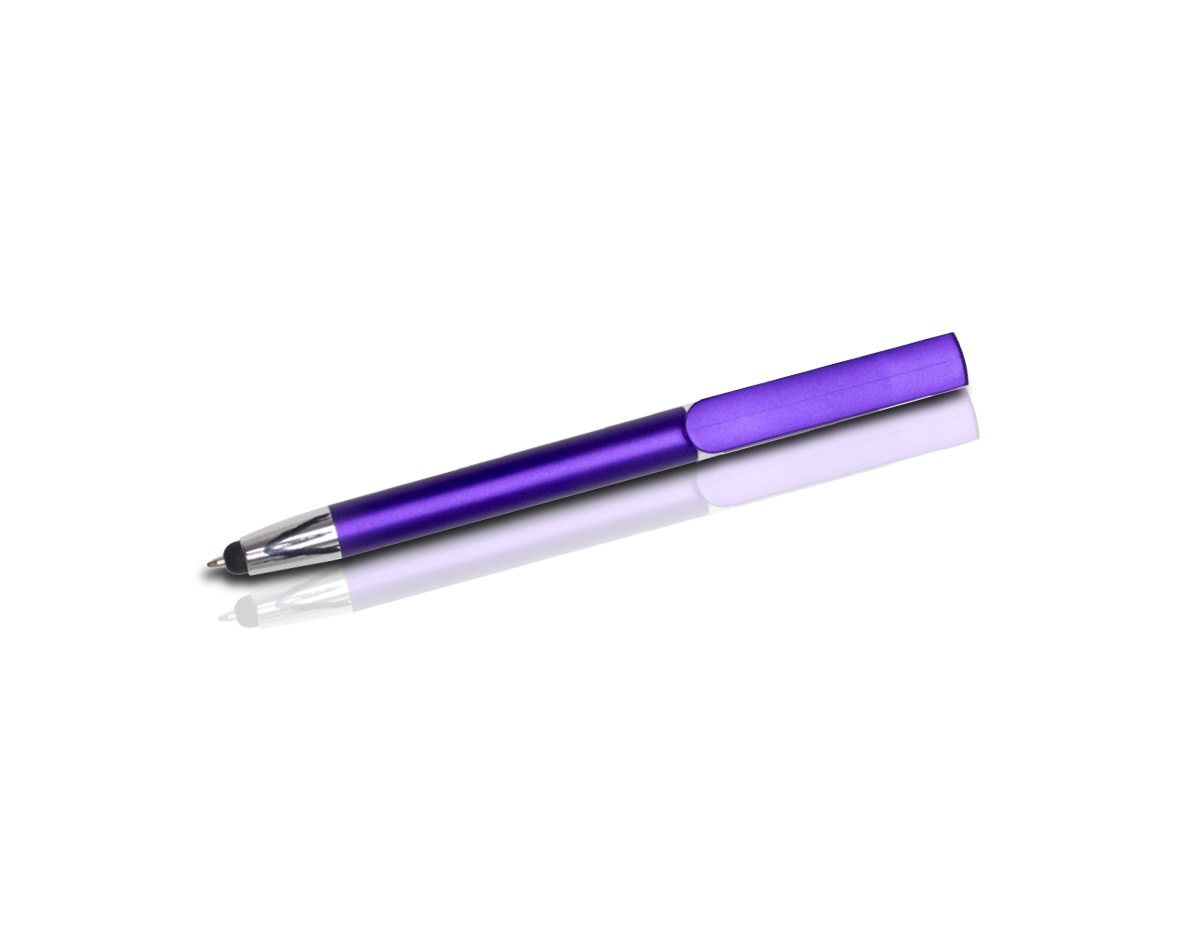 Caneta plástica com suporte para celular e ponteira touch screen. Carga esferográfica azul 1.0mm e acionamento por rotação.
