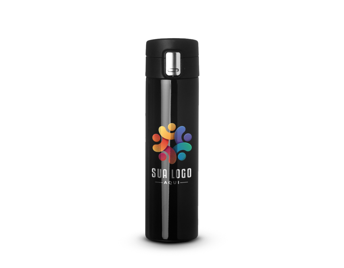 Garrafa térmica em inox 304 com parede dupla, capacidade de 450ml. Tampa com botão de acionamento e trava de segurança.