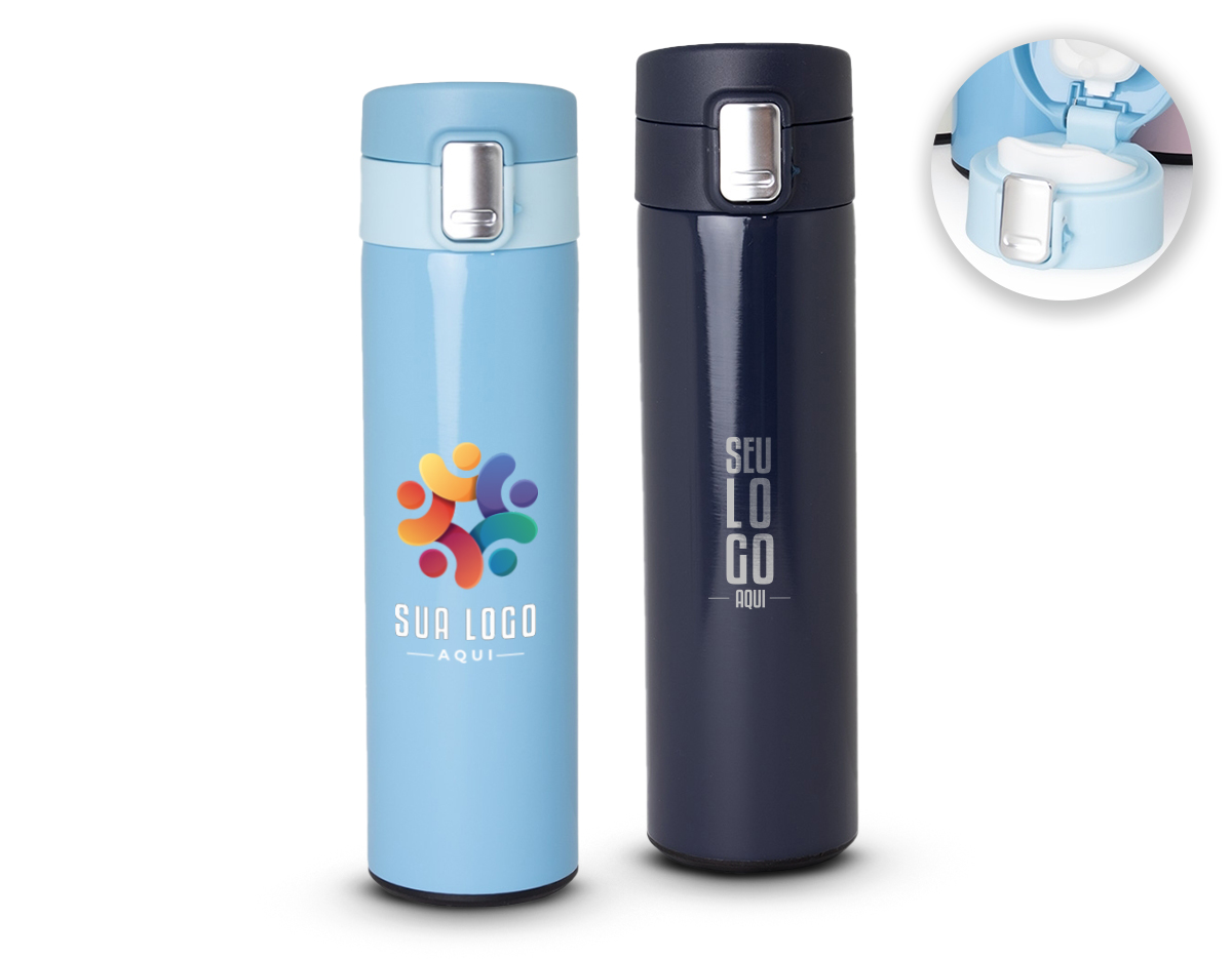 Garrafa térmica em inox 304 com parede dupla, capacidade de 450ml. Tampa com botão de acionamento e trava de segurança.