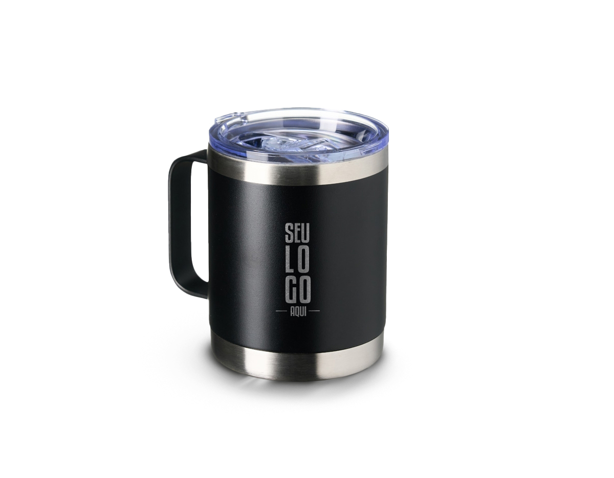 Caneca térmica de inox 390ml com parede dupla. Contém tampa acrílica com bocal e trava de segurança.