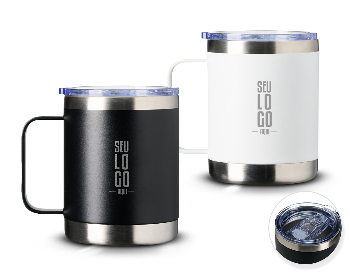 Caneca térmica de inox 390ml com parede dupla. Contém tampa acrílica com bocal e trava de segurança.