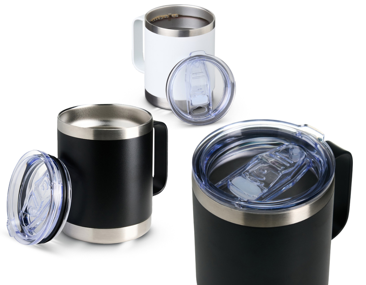 Caneca térmica de inox 390ml com parede dupla. Contém tampa acrílica com bocal e trava de segurança.