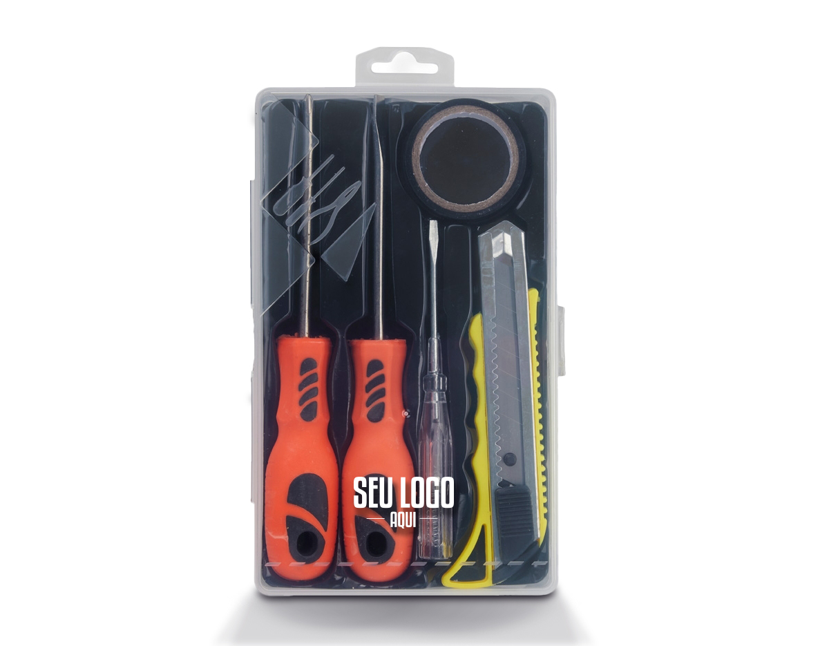 Kit ferramentas 5 peças em estojo plástico com trava de segurança. Contém Uma chave phillips, uma chave de fenda, uma chave teste, um estilete e uma fita isolante.