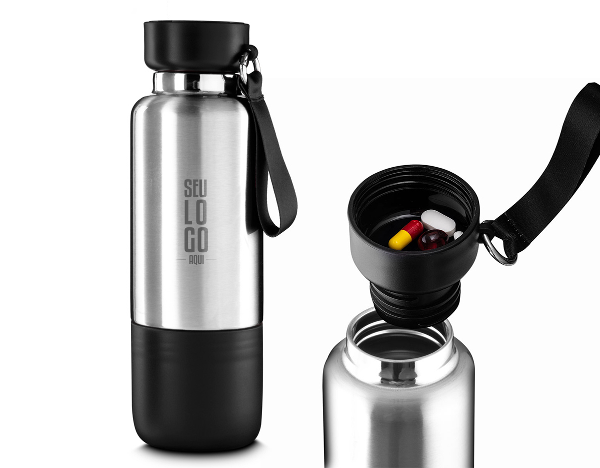 Garrafa térmica em aço inox com parede dupla isolada a vácuo, capacidade de 500ml e cordão tipo mosquetão. Tampa rosqueável, vedada por um anel de silicone. Possui copo adicional rosqueável na parte inferior da garrafa. Parte superior da tampa acompanha um cordão adicional de 68cm para substituição. Permitindo uso do compartimento para pequenos objetos.