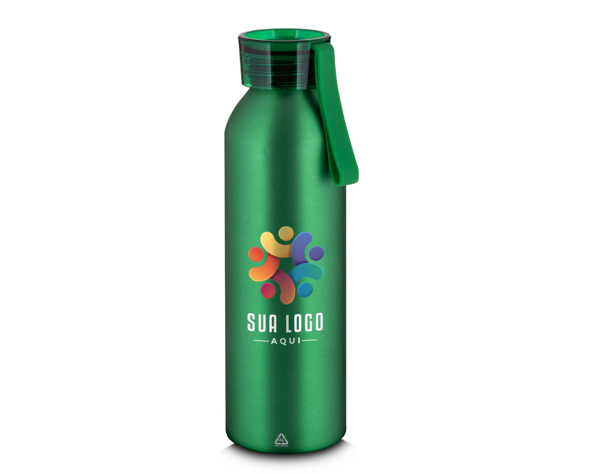 Garrafa em alumínio reciclado acabamento mate com capacidade 600ml. Tampa rosqueável em plástico e alça de transporte emborrachada.


