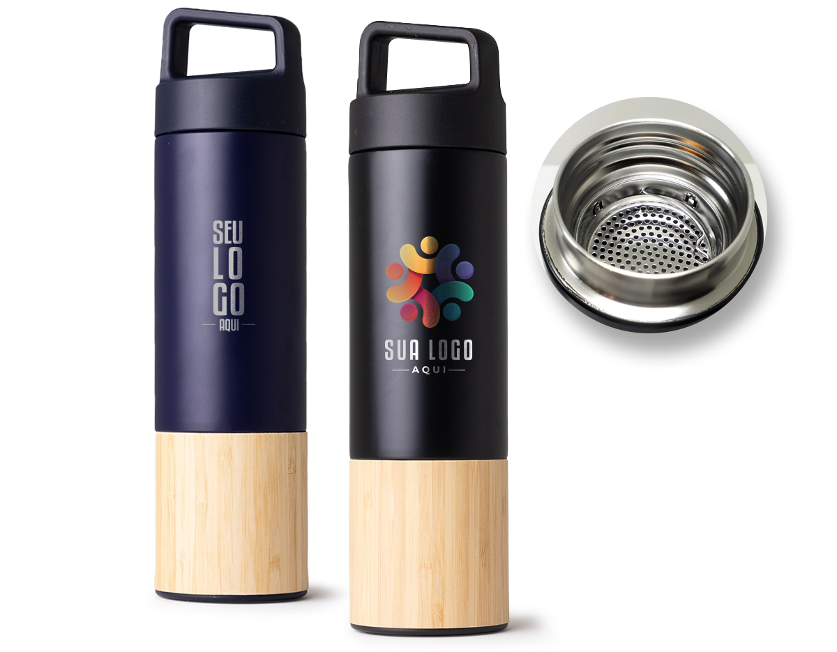 Garrafa térmica de 550 ml e infusor em inox, livre de BPA. Possui detalhe em bambu, tampa plástica com alça e base antiderrapante.