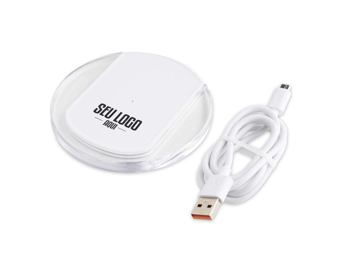 Carregador via indução formato disco com indicador de funcionamento em led, feito em plástico ABS. Acompanha cabo USB. OBS.: O CARREGADOR APENAS TRANSFERE CARGA, ELE NÃO POSSUI BATERIA PARA ARMAZENAMENTO (NÃO É UM POWER BANK).