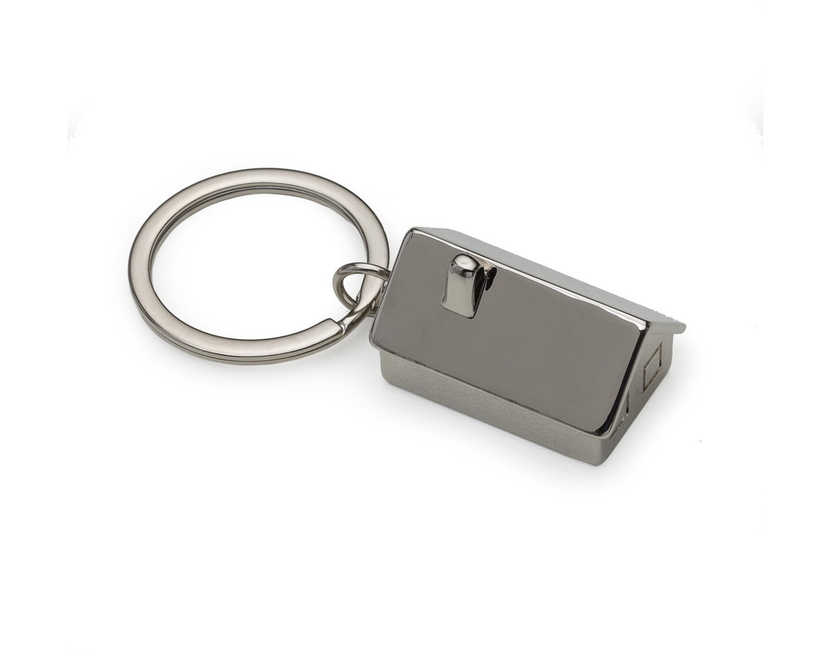 Chaveiro em formato 3D de casa, com acabamento brilhante e detalhes em relevo para uma aparência única. Sua parte inferior possui uma chapa de inox, permitindo personalização com gravação. Um acessório encantador e funcional, ideal para presentear ou para uso pessoal, adicionando um toque de estilo às suas chaves.