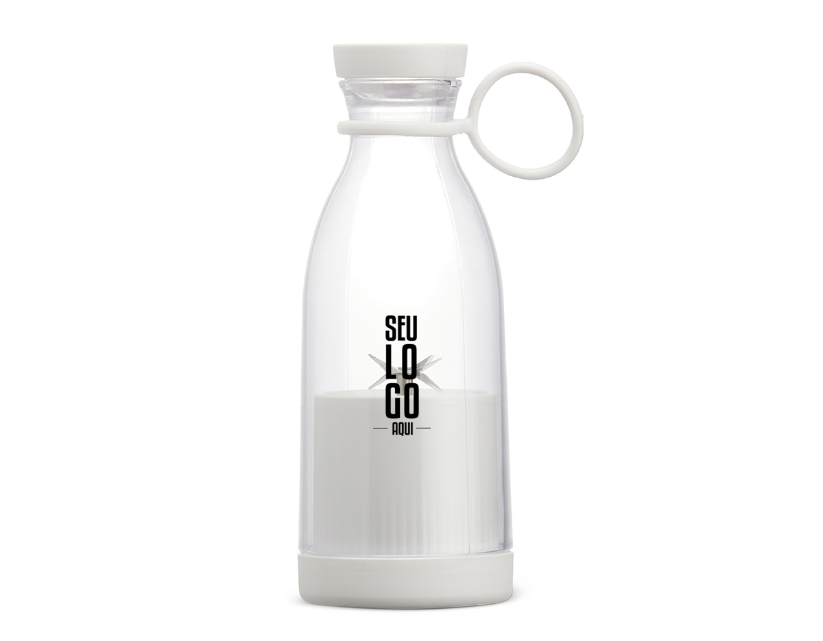 Mini liquidificador portátil com capacidade de 380ml. Contém tampa rosqueável plástica com alça emborrachada para transporte, ventoinha inox 6 lâminas e base plástica com borrachas antiderrapantes. Acompanha cabo USB. Obs. (Para o funcionamento do produto a quantidade total de frutas/água adicionadas não deve exceder 300ml).