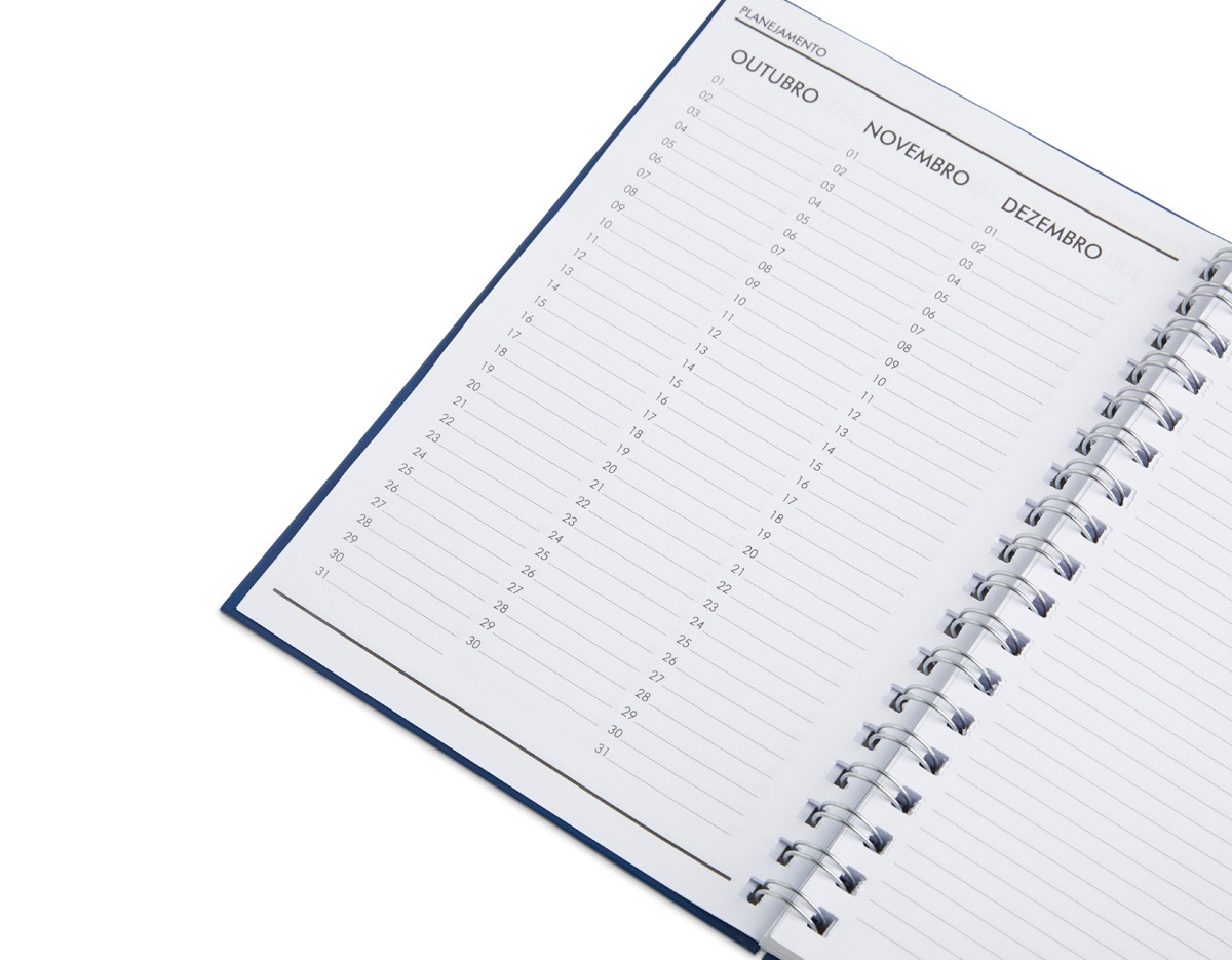 Caderno percalux emborrachado com espiral metálico. Possui aproximadamente 94 folhas brancas pautadas e páginas para: dados pessoais, calendário de 2023 à 2026 e planejamento.