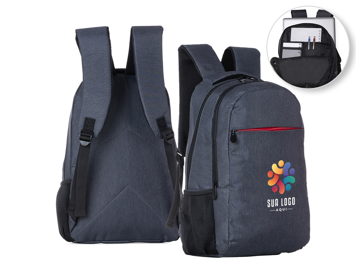 Mochila confeccionada em poliéster com compartimento para notebook até 15,6 polegadas. Contém compartimento grande, compartimento mediano com divisórias e bolso telado, compartimento frontal e bolsos laterais em malha. Alça de mão com revestimento espumado, alças para as costas ajustáveis e com revestimento espumado.