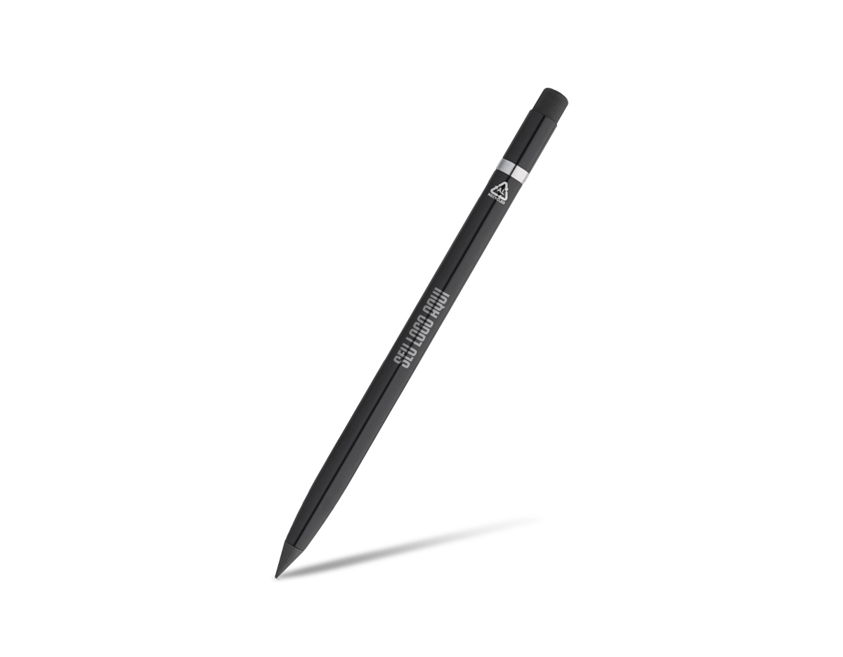 Caneta sem tinta em alumínio 100% reciclado, com tampa protetora em PE reciclado. Apta para um uso prolongado sem a necessidade de apontar. Na parte superior contém uma borracha que apaga com facilidade o que está escrito. ø8 x 150 mm